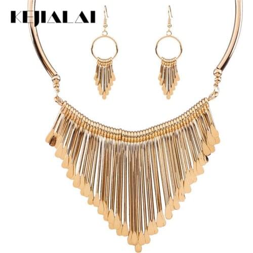 KEJIALAI Vintage Women Jewelry Set Vintage Tassel Necklace Metal Drop Earrings Gold Silvery Ethnic Jewelry Necklace Set QD-N3586