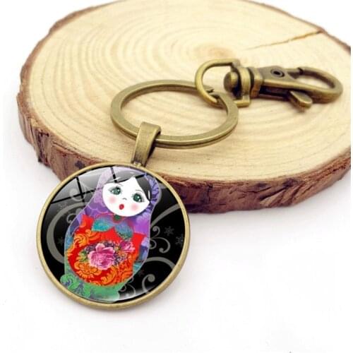 WG 1pc Matryoshka Keychain Keyrings Cabochon Time Gem&stone keychain For Women Bag Pendant Jewelry Trinket Mens Car Key Ring