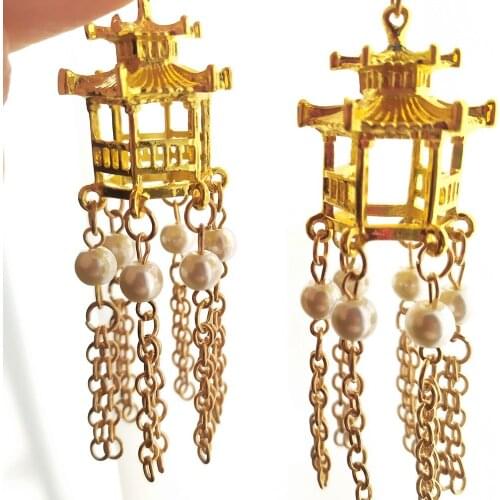 Golden Chinese Ancient Pavilion Pearls Chain Tassels Women`s Drop Earrings