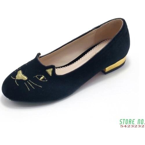 US4-11 Womens Round Toe Velvet Leather Embroidery Cat Loafer Espadrille Slip On Low Heel Shoes Casual Plus Size 2Colors