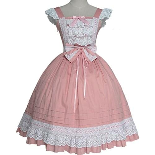 Princess Gothic Lolita School Ruffle Dress JSK Womens Girls' Lace Cotton Bow Tie Vintage Slim Long Sleeveless Dress