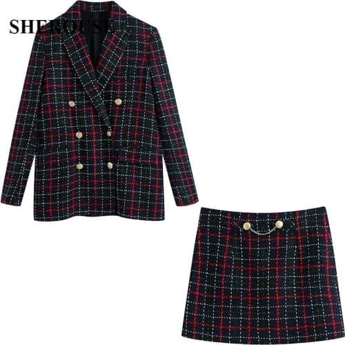 2021 New Spring Women 2 Pieces Set Plaid Button Long Sleeve Notched Coat Mini Skirt Suit Lady Chic Fashion Casual Women Clothes