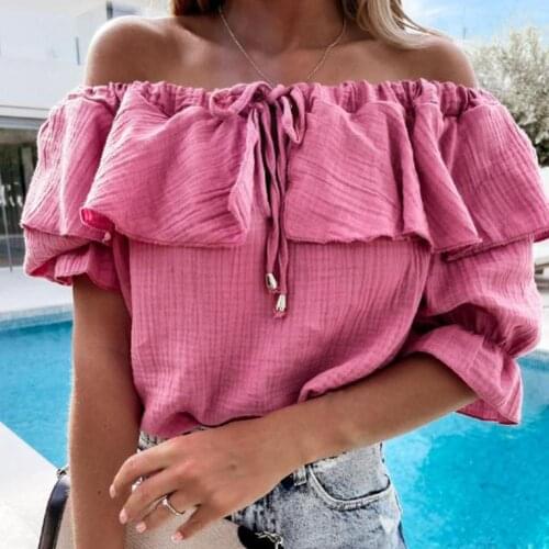 Womens Blouse Shirt Simple Design Chic Solid Color Spring Summer Ruffle Off Shoulder Women Top Sexy Elegant Crop Top ropa mujer