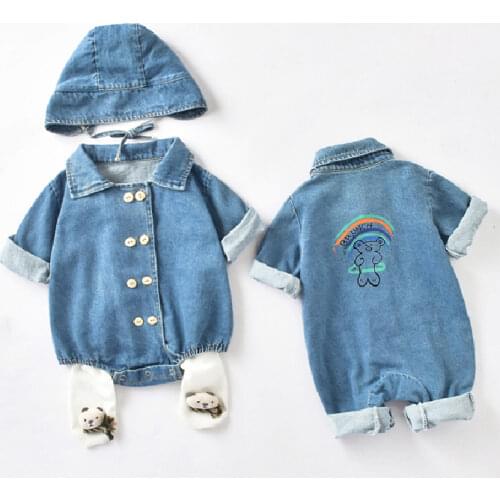 Toddler Baby Denim Bodysuit for Girl Cute Print Rompers Playsuits 2021 Autumn New 100% Cotton Long Sleeve Kids Clothes Boys 0-3Y