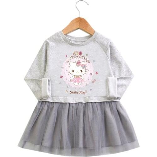 Sanrio Hello Kitty 2021 children spring autumn new girls dress cartoon long-sleeved cotton mesh skirt baby princess dress