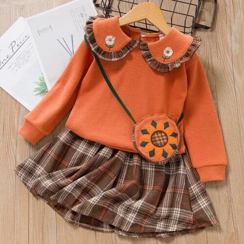 Baby Girls Clothes Sunflower Print Two-piece Sunflower Set Baby Lapel Print Top + Classic Plaid Skirt Set Send Shoulder Bag