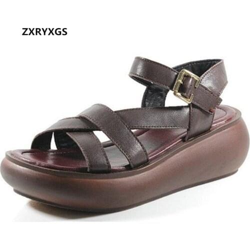 Best Sale 2020 New Summer Top Cowhide Open Shoes Woman Sandals Platform Wedges Comfortable Sandals Women Shoes Summer Sandals