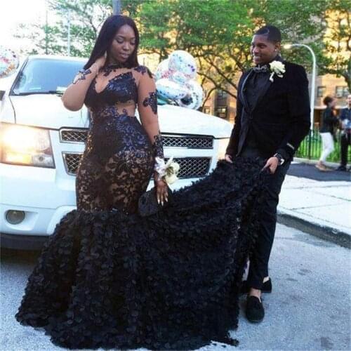 Plus Size Long Sleeves Prom Dresses High Neck Mermaid 2020 See Through Bodice Cascading Ruffles Long Train Evening Party Gowns