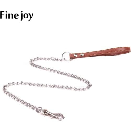 Fine joy Dog Chain Leash Handle Leads PU Leather Iron Chain dog leash Anti-Bite Metal Dog Chain Lead For small Medium Large dogs