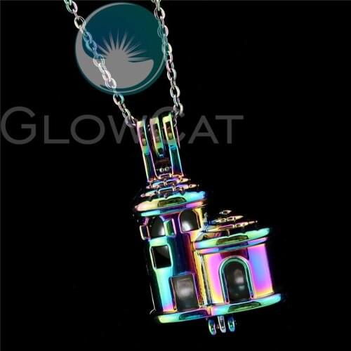 R-C665 Rainbow Colors 35mm Fairytale Castle Beads Cage Pendant Perfume Diffuser Oyster Pearl Cage Locket Necklace