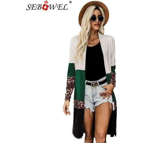 SEBOWEL Woman Colorblock Leopard Print Patchwork Knit Cardigan Female Casual Plus Size Sweater 2020 Autumn Full Sleeve Warm Tops