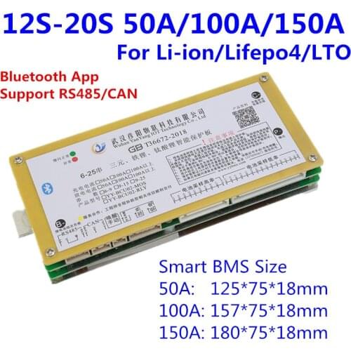 Smart BMS12S-20S Lifepo4 li-ion Lipo LTO Battery Protection Board BMS 150A 100A 50A Bluetooth APP 10S 13S 14S 16S 20S Balance