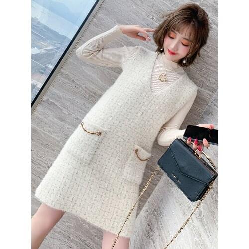 Half high collar knitwear+Blended fabric of plush bright silk V Two piece dress with collar waistcoat High Quality New Fashion