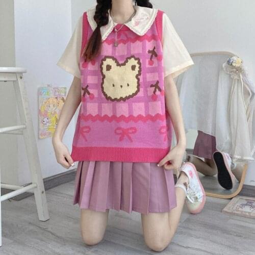 Japanese Preppy Style Sweet Girly Vintage O-Neck Cute Jacquard Cartoon Sleeveless Pullover Loose Knitting Vest Sweater Student
