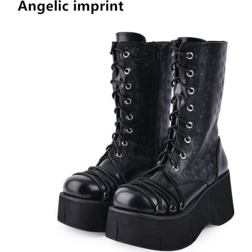 Angelic imprint mori girl Women motorcycle punk boots lady lolita middle Boots woman high heels pumps shoes print skull 8cm lace