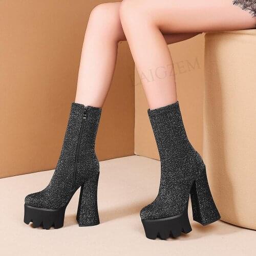 LAIGZEM Women Ankle Booties Stretchy Side Zip 15CM Thick Block High Heels Boots 2021 Height Increasing Shoes Woman Size 38 39 40