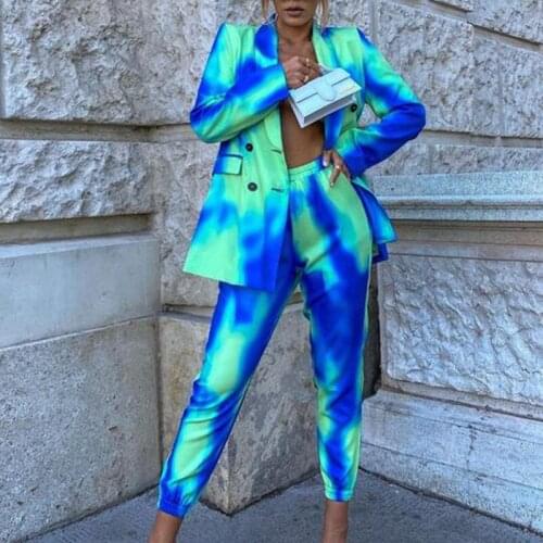 Tie Dye Two Piece Set Women Single Breasted Notched Loose Long Sleeve Harem Pants Fashion Office Lady Pant Suits Autumn 2021 New