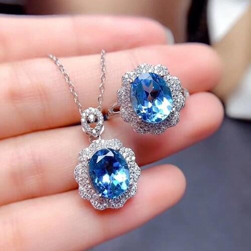 LUXURY BLUE CRYSTAL TOPAZ GEMSTONES DIAMONDS PENDANT NECKLACES RINGS JEWELRY SETS FOR WOMEN FASHION BIJOUX CHOKER PARTY GIFTS
