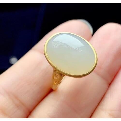 Natural Hetian white jade ring for women silver jewelry big size jade soft character gold plated special craftmanship frosted