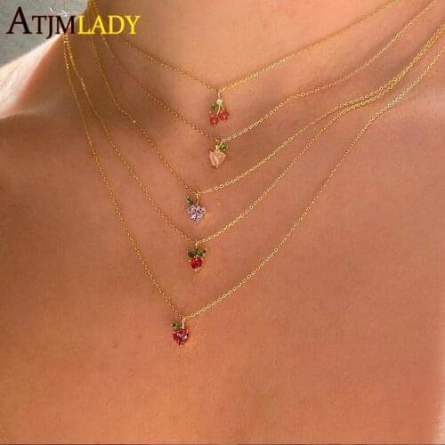 2020 Summer New delicious fruit design jewelry 100% 925 sterling silver apple cherry strawberry grape peach charm women necklace