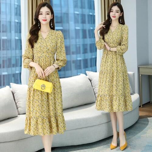 2021 Autumn Winter New Vintage Midi Dress Plus Size Floral Chiffon Boho Beach Dress Women Party Long Sleeve Casual Maxi Vestidos