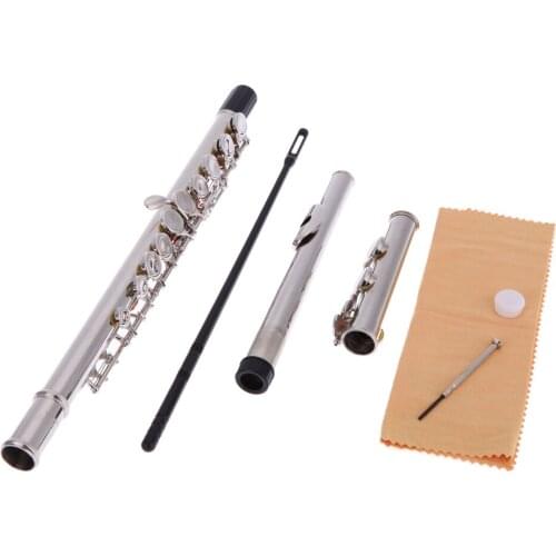 16 Holes C Key Flute Western Concert Silver Plated Cupronickel Woodwind Instrument with Cleaning Cloth Stick Gloves Screwdriver