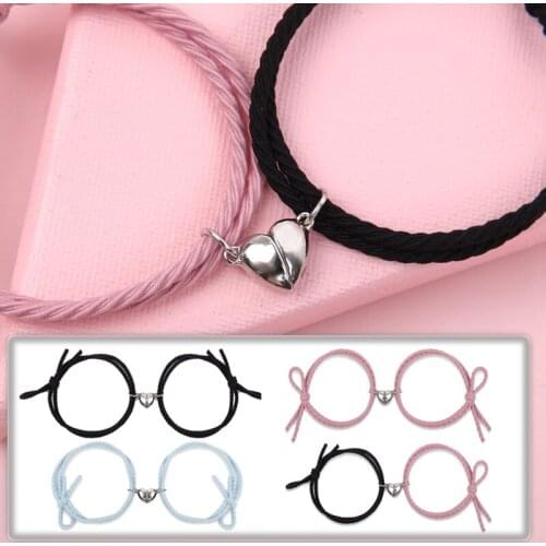 2pcs Magnetic Bracelet Stainless Steel Heart Pendant Charm Couple Bracelets for Lover Friend Men Women Braid Rope Bracelets