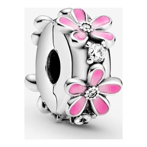 2020 New 925 Sterling Silver Beads Pink Daisy Flower Clip Charms fit Original Pandora Bracelets Women DIY Fashion Jewelry