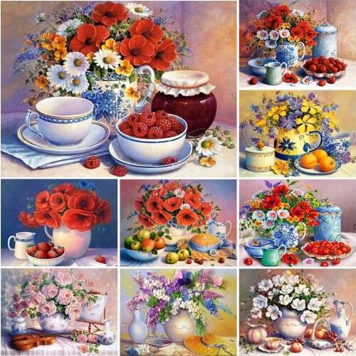 5D DIY Diamond Painting Fruit Flowers Cup Cross Stitch Kits Full Drill Square Embroidery Mosaic Art Picture of Rhinestones Gift