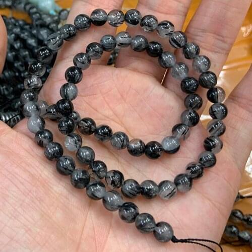 6-10mm Natural Black Rutilated Beads 15'' Round DIY Quartz Loose Beads For Jewelry Making Beads Necklace Bracelet For Women Gift