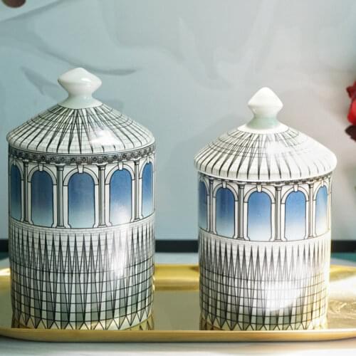 Castle scented candle jar Candle Holder Beauty Dressing Brush Pen Box with Lid Ceramic Storage Tin Flower and Bottle decoration