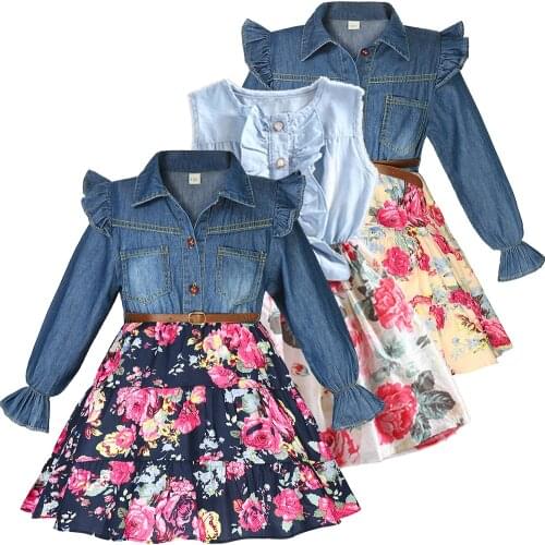 Girls Baby Dress Floral Denim Dress Childrens Clothing Childrens Clothes Autumn Long-Sleeved Childrens Clothing with Belt