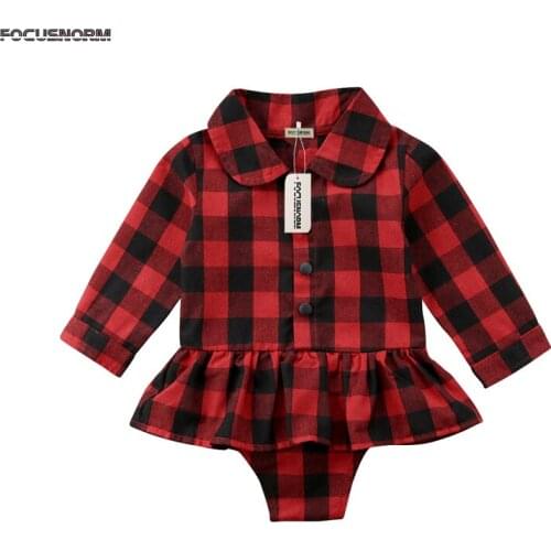 Newborn Infant Baby Girls Lovely Fashion Romper Dress Long Sleeve Red Plaid Single Breasted Ruffles Romper Dress Outfit 0-24M