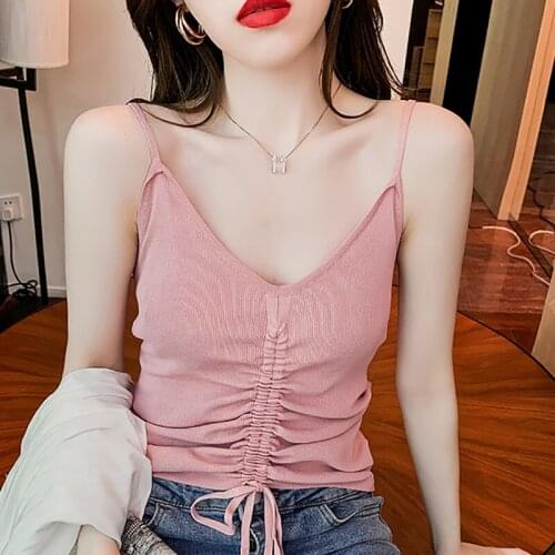 Summer Camisoles Tanks Crop Tops Women Sexy V-Neck Drawstring Knitted Camisole Elastic Sleeveless Haut Femme Top Womens Clothing
