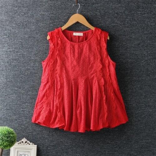 Summer Mori Girl Women Lace Embroidery Shirt Tops Japan Style Sweety Cotton O-Neck Sleeveless Loose Solid Color Blouse