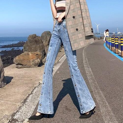 Fashion Button Design Flare Jeans Women Streetwear Office Zipper Wide Leg Jeans Vintage Slim Denim Trousers Female Light Blue