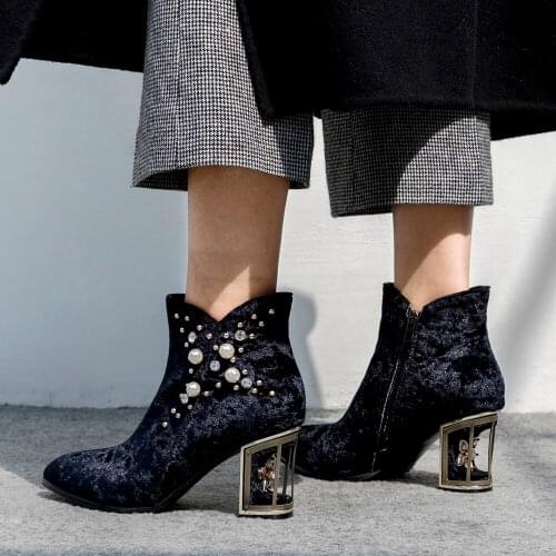 Fashion Fall Winter Women Ankle Boots Black Wine Red High Heels Pointed Toes Woman Designer Velvet Shoes Zipper Chunky Heels