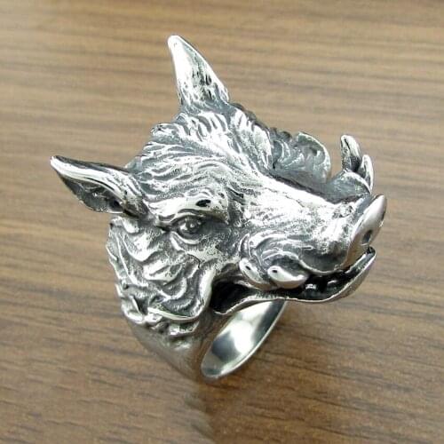 Free Shipping Punk Silver Color 316L Stainless Steel Hop Mens Wild Boar Head Ring Animal Jewelry