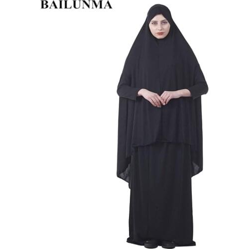 Formal 2 Pcs Muslim dress Muslim Prayer Garment Sets Long Hijab Dress Abaya Black
