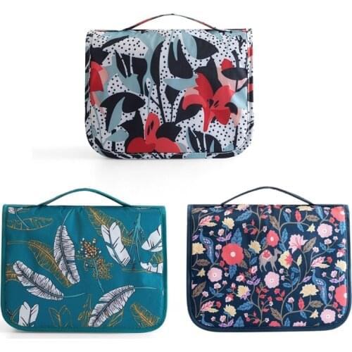 Portable Travel Hanging Toiletry Wash Bag with Hook Floral Print Waterproof Large Cosmetic Organizer Mesh Makeup Pouch