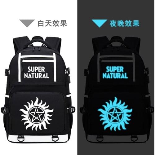 Black Supernatural SPN USB Luminous Backpack Bag Laptop Travel Backpack with USB port students Book School Computer Bag
