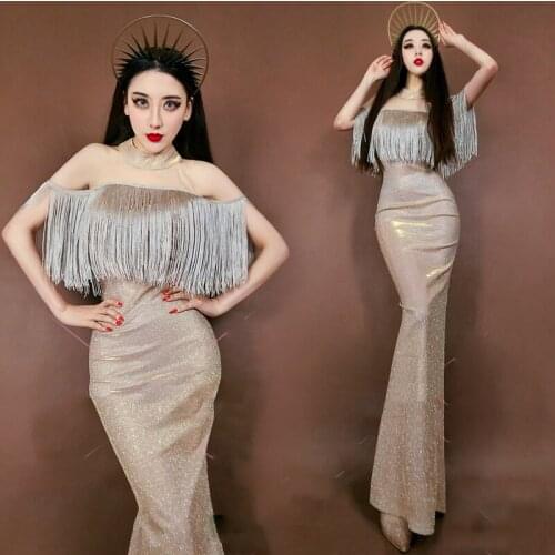 Sexy Golden Tassel Sequined Mesh Sleeveless Strapless Dress Birthday Outfits For Women Nightclub Lady Celebrity Dresses DNV13088
