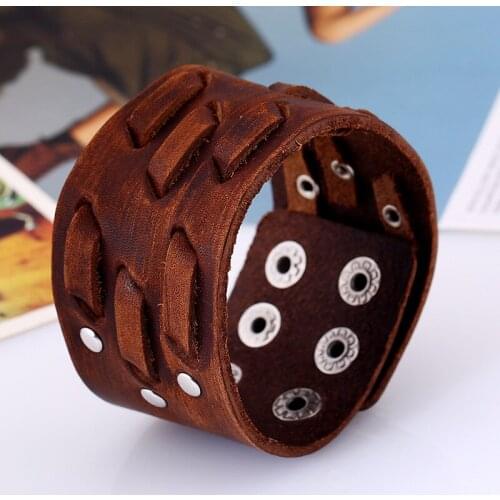Vintage Handmade Braided Woven Wide Bracelet Male Rock Genuine Leather Wristband Flexible Size Bangles Masculina Cuff Bracelet