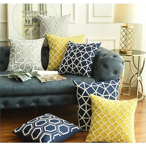 Navy Yellow Grey Embroidery Cushion Cover Home Decoration Linen Cotton Geometric Pillow Cover 45x45cm Sofa PillowCase