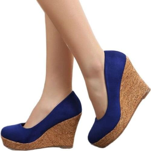 LIHUAMAO Flock women wedges heel shoes platform round toe slip on ladies high heel dress shoes pumps work party wedding shoes