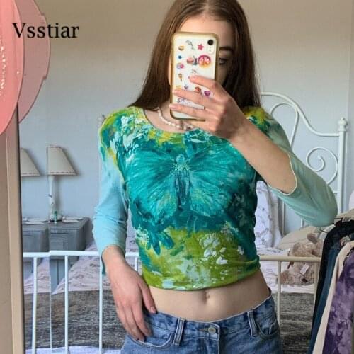 Vsstiar Graffiti Abstract T-Shirt New Autumn Tie Dye Printed Green Cropped Top Y2K Casual Long Sleeve O Neck Tees Tops Women