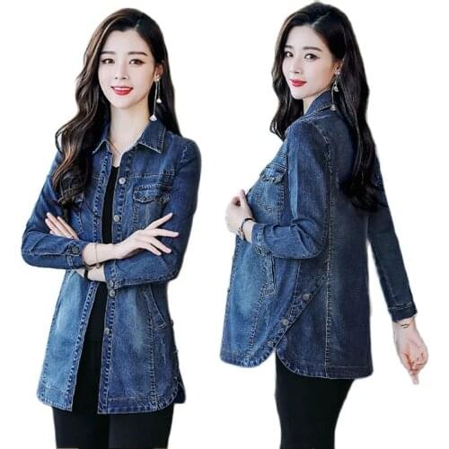 2021Autumn New Denim Jacket Womens Long-Sleeved Mid-Length Coat Large Size Windbreaker Slim Cowboy Outwea Ladies Chaqueta Mujer