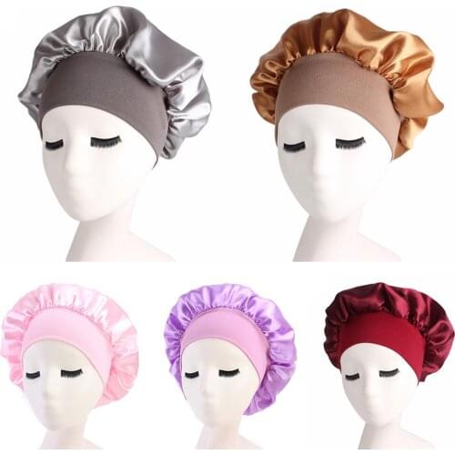 Women Soft Sleeping Hat Shower Bonnet Unisex Satin Bath Solid Elastic Salon Hair Care Wide Brimmed Nightcap Chemotherapy