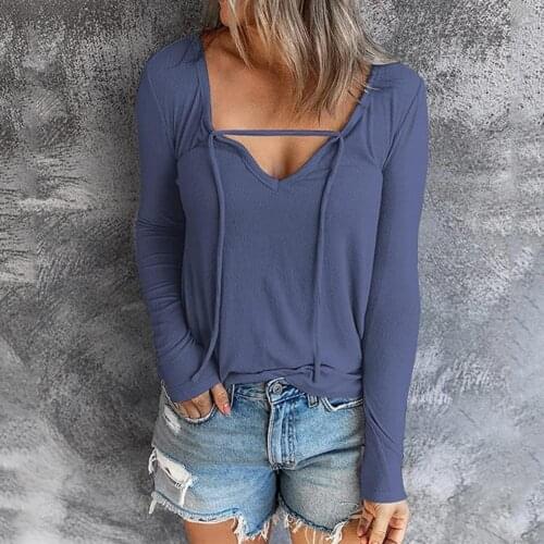 2021 New Women T-shirt Solid Long Sleeve Autumn Front Lace Up Drawstring Slim Tee Shirt Casual Pullover Top Streetwear