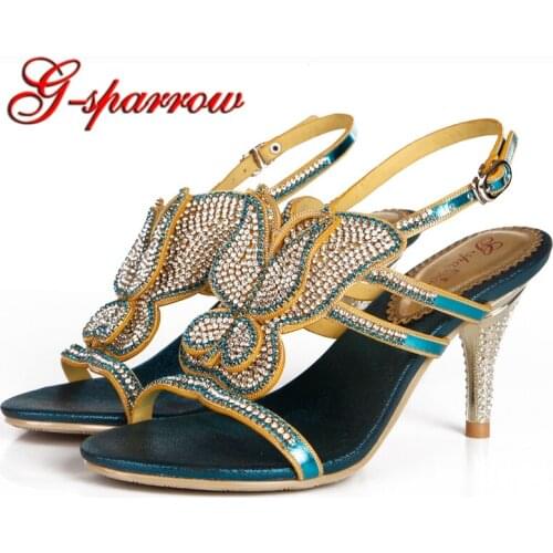 Spring New Arrival High Heel Female Sandals with Back Straps Stiletto Heel Women Shoes with Butterfly Rhinestone Blue Silver Red